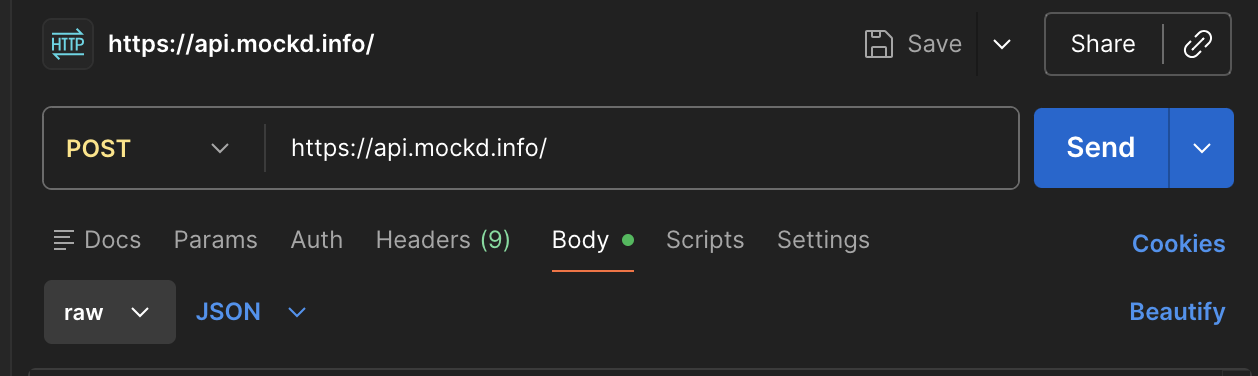 Set method to POST and enter https://api.mockd.info/