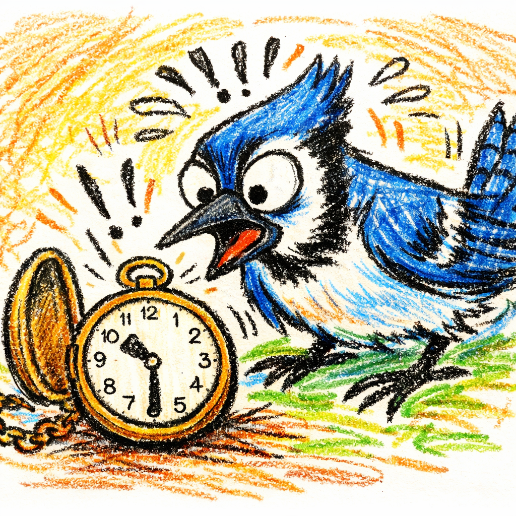 A frantic bluejay observing a pocket watch